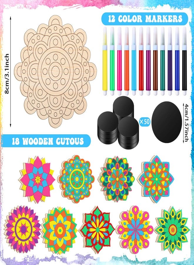 Vercraft 18 Pcs DIY Wooden Mandala Magnets Diwali Crafts Color Your Own Small Self Adhesive Magnet for DIY Craft Fridge Refrigerator Pendants(Classic Style) - Image 2